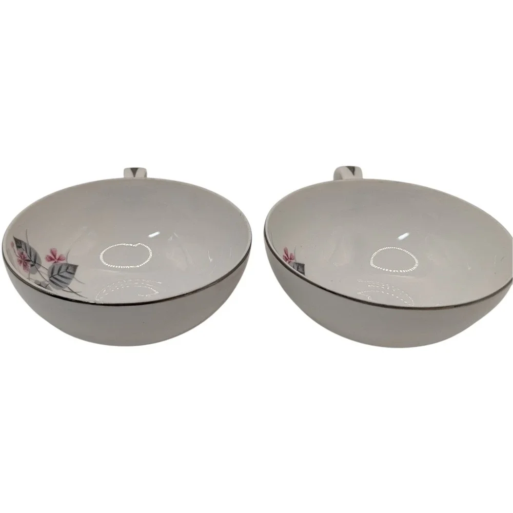 Vintage Narumi Teacups Lyric  Pink Gray Flower Bone China Mid Century Set of Two